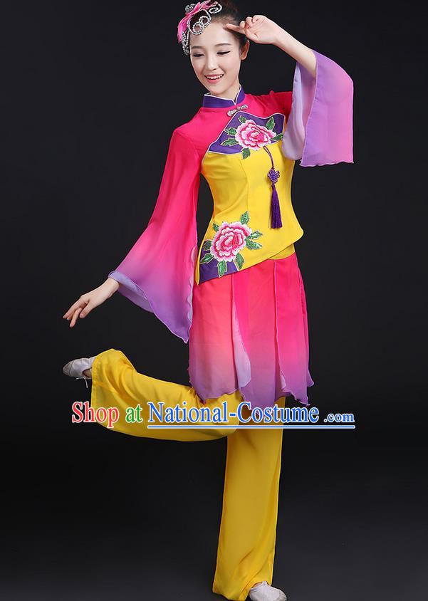 Traditional Chinese Yangge Fan Dancing Costume, Folk Dance Yangko Chinese Knot Tassel Uniforms, Classic Umbrella Dance Elegant Dress Drum Dance Peony Clothing for Women