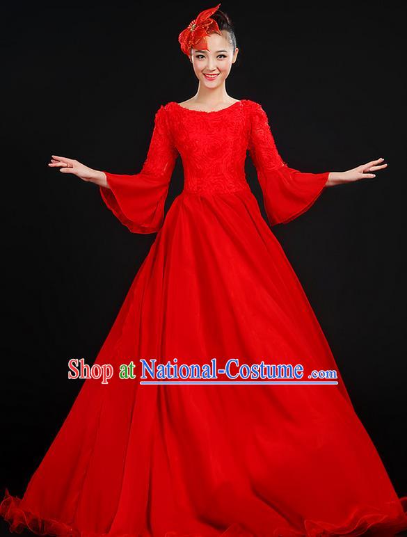 Traditional Chinese Modern Dancing Compere Costume, Women Opening Classic Chorus Singing Group Dance Dress Uniforms, Modern Dance Classic Dance Big Swing Red Dress for Women