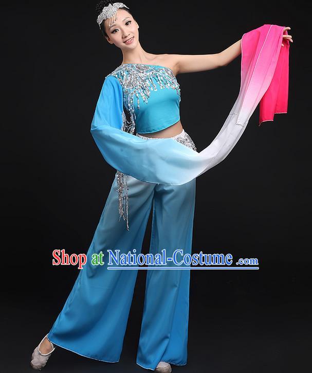 Traditional Chinese Yangge Fan Dancing Costume, Folk Dance Yangko Water Sleeve Paillette Uniforms, Classic Umbrella Dance Elegant Dress Drum Dance Blue Clothing for Women