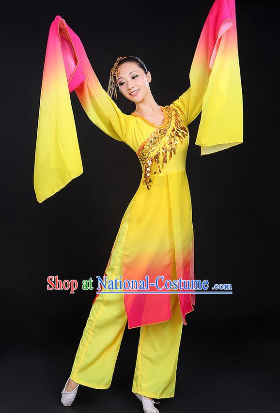 Traditional Chinese Yangge Fan Dancing Costume, Folk Dance Yangko Water Sleeve Paillette Uniforms, Classic Umbrella Dance Elegant Dress Drum Dance Clothing for Women