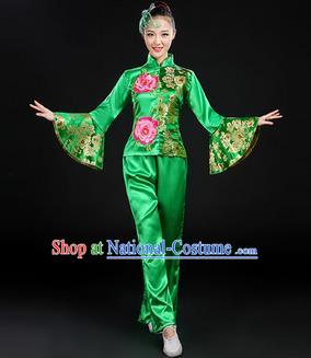 Traditional Chinese Yangge Fan Dancing Costume, Folk Dance Yangko Mandarin Sleeve Satin Peony Uniforms, Classic Umbrella Dance Elegant Dress Drum Dance Green Clothing for Women