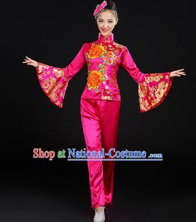 Traditional Chinese Yangge Fan Dancing Costume, Folk Dance Yangko Mandarin Sleeve Satin Peony Uniforms, Classic Umbrella Dance Elegant Dress Drum Dance Rose Clothing for Women