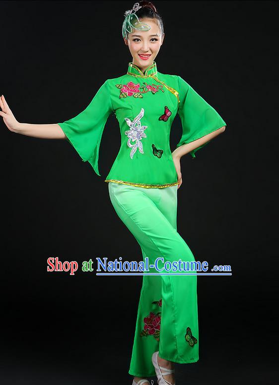 Traditional Chinese Yangge Fan Dancing Costume, Folk Dance Yangko Mandarin Sleeve Butterfly Peony Uniforms, Classic Umbrella Dance Elegant Dress Drum Dance Clothing for Women