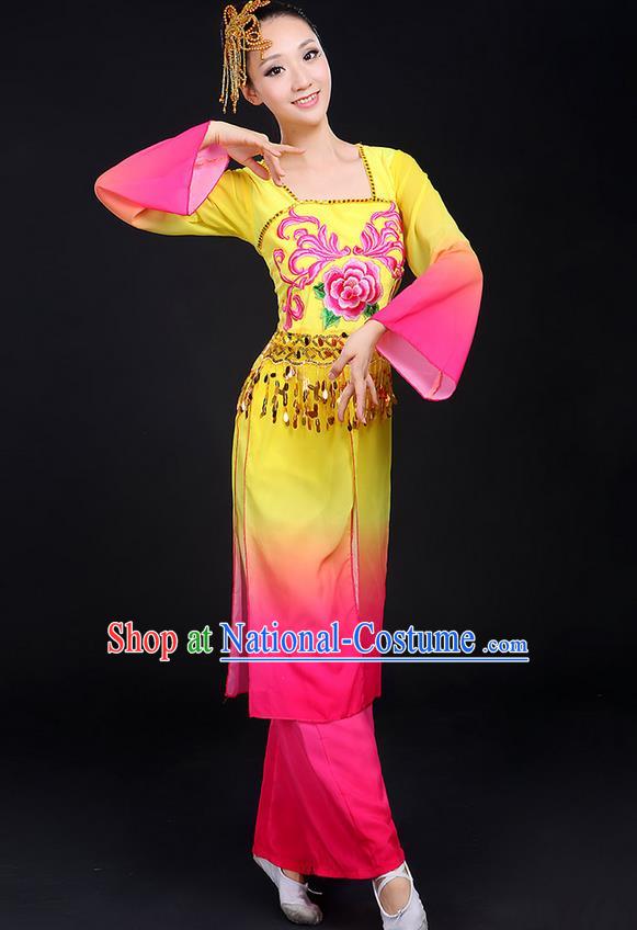 Traditional Chinese Yangge Fan Dancing Costume, Folk Dance Yangko Mandarin Sleeve Paillette Tassel Uniforms, Classic Umbrella Dance Elegant Dress Drum Dance Clothing for Women