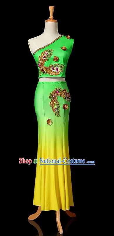 Traditional Chinese Dai Nationality Peacock Dancing Costume, Folk Dance Ethnic Fishtail Dress Uniform, Chinese Minority Nationality Dancing Green Clothing for Women