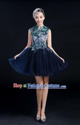 Traditional Chinese Modern Dancing Compere Costume, Women Opening Classic Chorus Singing Group Dance Paillette Uniforms, Modern Dance Bubble Short Deep Blue Dress for Women