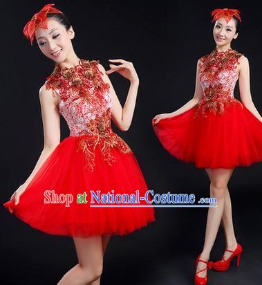 Traditional Chinese Modern Dancing Compere Costume, Women Opening Classic Chorus Singing Group Dance Paillette Uniforms, Modern Dance Bubble Short Red Dress for Women