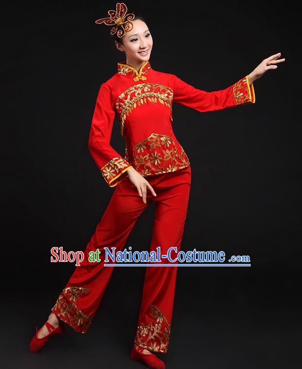 Traditional Chinese Yangge Fan Dancing Costume, Folk Dance Yangko Gilding Paillette Uniforms, Classic Umbrella Dance Elegant Dress Drum Dance Red Clothing for Women