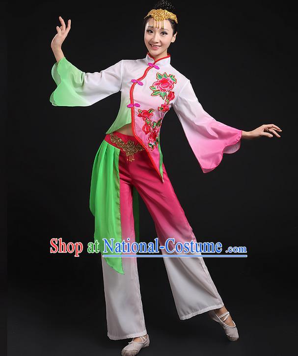 Traditional Chinese Yangge Fan Dancing Costume, Folk Dance Yangko Peony Uniforms, Classic Umbrella Dance Elegant Dress Drum Dance Pink Clothing for Women