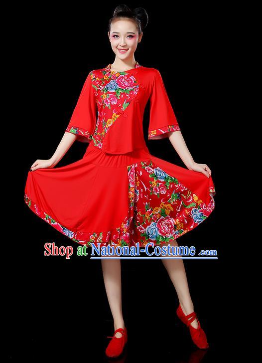 Traditional Chinese Yangge Fan Dancing Costume, Folk Dance Yangko Mandarin Sleeve Satin Peony Uniforms, Classic Umbrella Dance Elegant Dress Drum Dance Red Clothing for Women