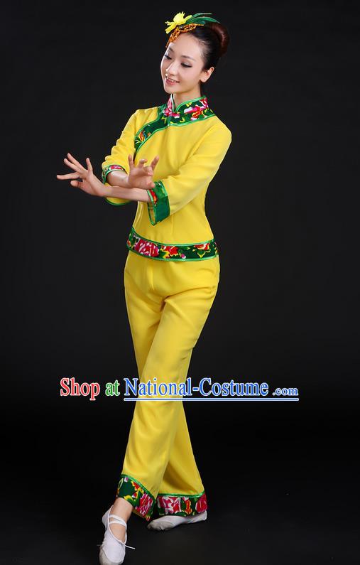 Traditional Chinese Yangge Fan Dancing Costume, Folk Dance Yangko Yellow Uniforms, Classic Umbrella Dance Elegant Dress Drum Dance Clothing for Women