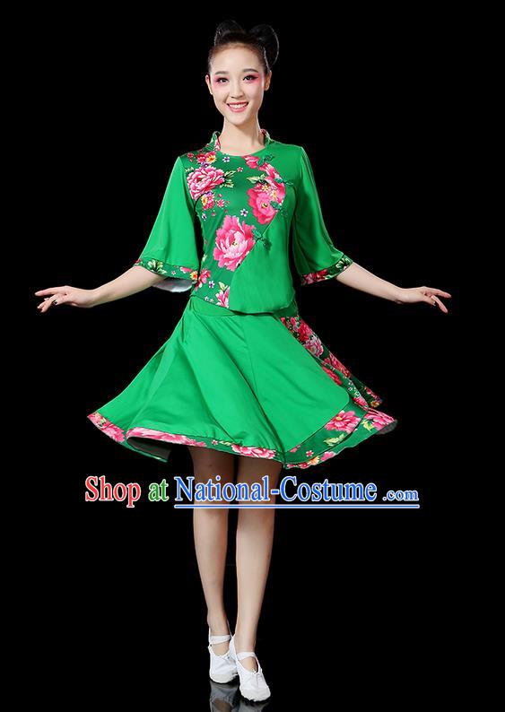 Traditional Chinese Yangge Fan Dancing Costume, Folk Dance Yangko Mandarin Sleeve Satin Peony Uniforms, Classic Umbrella Dance Elegant Dress Drum Dance Green Clothing for Women