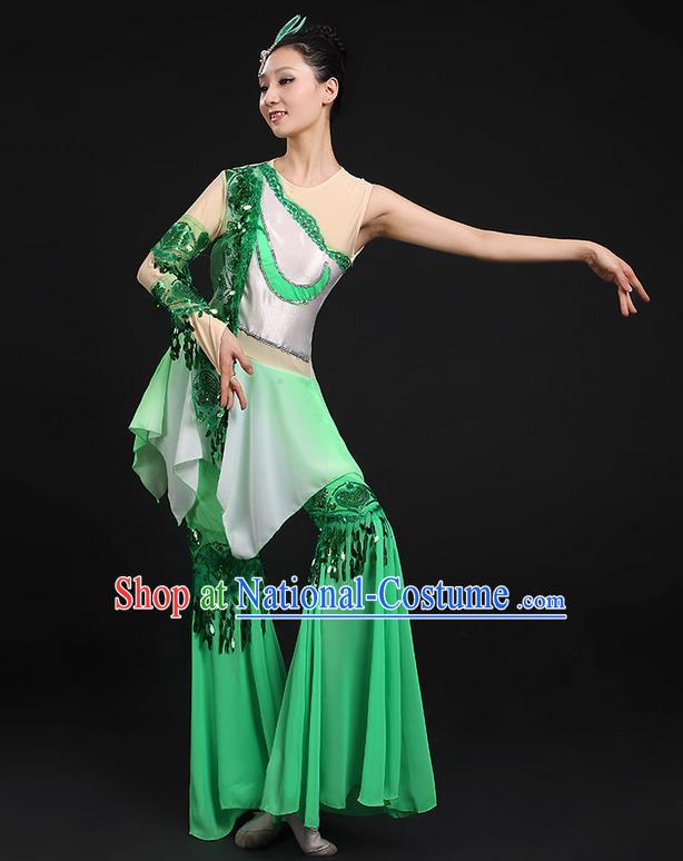 Traditional Chinese Yangge Fan Dancing Costume, Folk Dance Yangko Flowers Paillette Green Uniforms, Classic Umbrella Dance Elegant Dress Drum Dance Clothing for Women