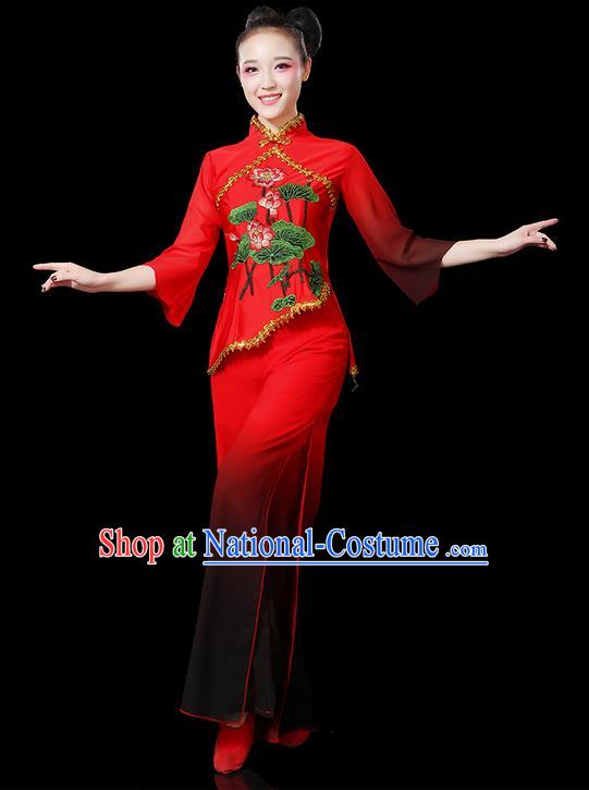 Traditional Chinese Yangge Fan Dancing Costume, Folk Dance Yangko Gradient Red Uniforms, Classic Umbrella Dance Elegant Dress Drum Dance Clothing for Women