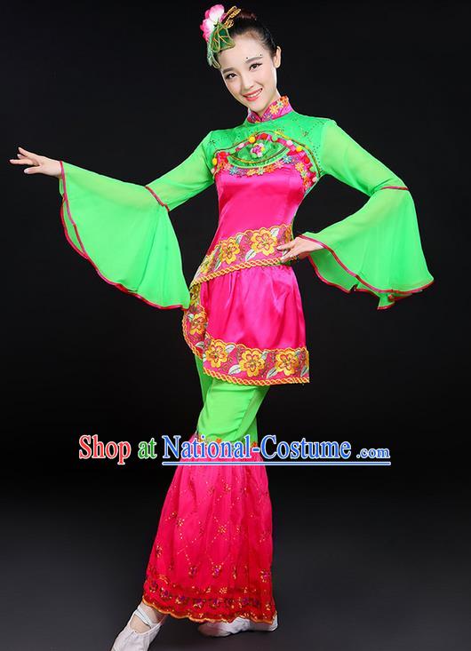 Traditional Chinese Yangge Fan Dancing Costume, Folk Dance Yangko Lotus Dance Mandarin Sleeve Uniforms, Classic Umbrella Dance Elegant Dress Drum Dance Clothing for Women