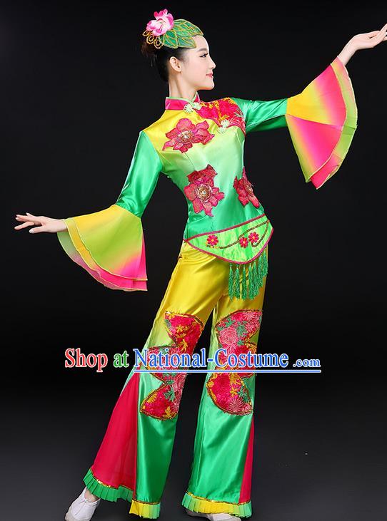 Traditional Chinese Yangge Fan Dancing Costume, Folk Dance Yangko Lotus Dance Mandarin Sleeve Satin Uniforms, Classic Umbrella Dance Elegant Dress Drum Dance Clothing for Women