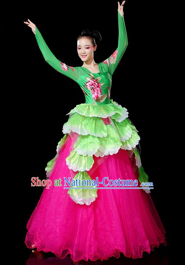 Traditional Chinese Modern Dancing Compere Costume, Women Opening Classic Chorus Singing Group Dance Bubble Peony Uniforms, Modern Dance Classic Dance Big Swing Dress for Women