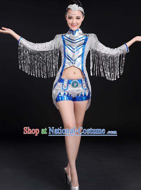 Traditional Chinese Modern Dancing Compere Costume, Women Opening Classic Jazz Dance Mandarin Collar Uniforms, Modern Dance Jazziness Dance Paillette Tassel Dress for Women