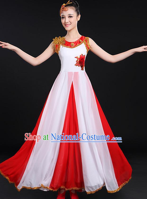 Traditional Chinese Style Modern Dancing Compere Costume, Women Opening Classic Chorus Singing Group Dance Bubble Uniforms, Modern Dance Classic Dance Big Swing Dress for Women