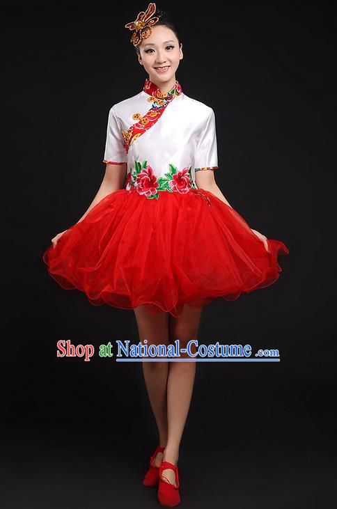 Traditional Chinese Yangge Fan Dancing Costume, Folk Dance Yangko Red Uniforms, Classic Umbrella Dance Elegant Cheongsam Short Dress Drum Dance Clothing for Women