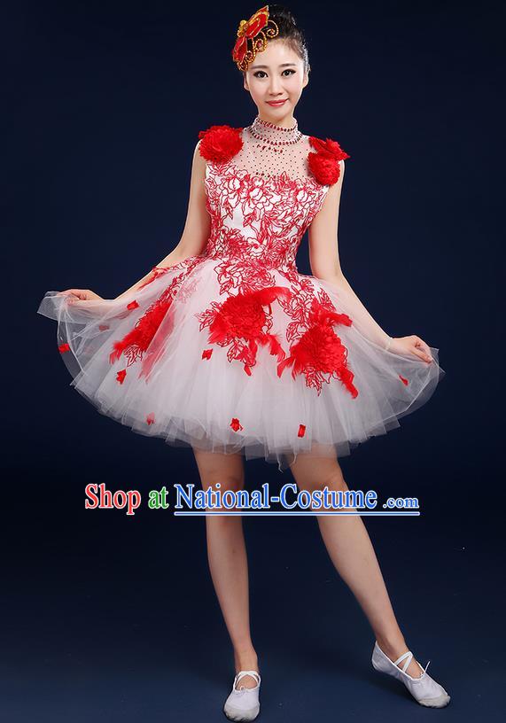 Traditional Chinese Style Modern Dancing Compere Costume, Women Opening Classic Chorus Singing Group Dance Big Swing Uniforms, Modern Dance Classic Dance Red Bubble Dress for Women