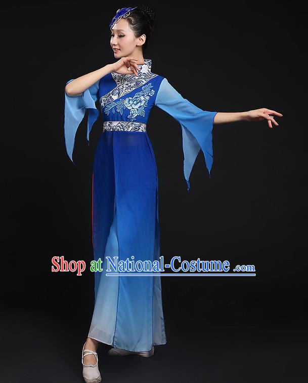 Traditional Chinese Yangge Fan Dancing Costume, Folk Dance Yangko Blue Uniforms, Classic Umbrella Dance Elegant Cheongsam Peony Dress Drum Dance Clothing for Women