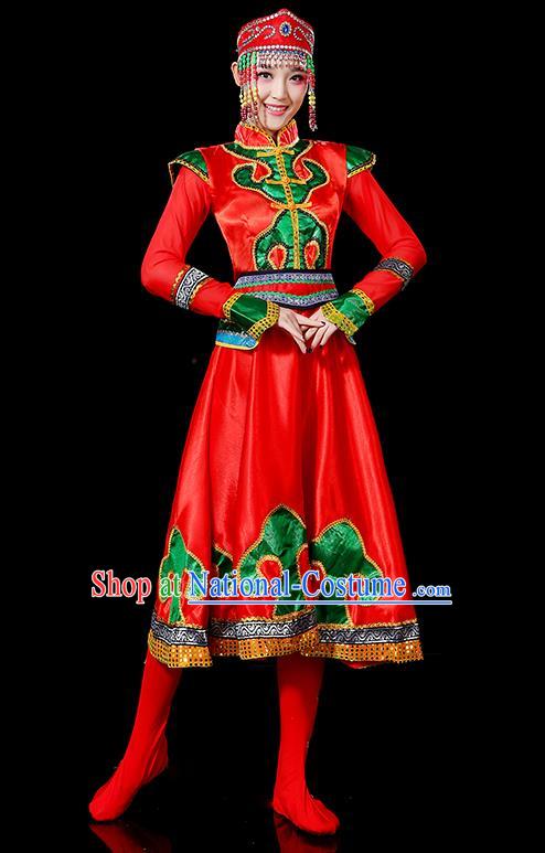 Traditional Chinese Mongol Nationality Dancing Costume, Mongols Female Folk Dance Ethnic Palace Princess Dress, Chinese Mongolian Minority Nationality Embroidery Red Costume for Women