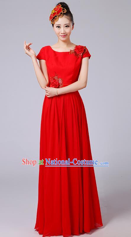 Traditional Chinese Modern Dancing Compere Costume, Women Opening Classic Chorus Singing Group Dance Uniforms, Modern Dance Classic Dance Big Swing Long Red Full Dress for Women