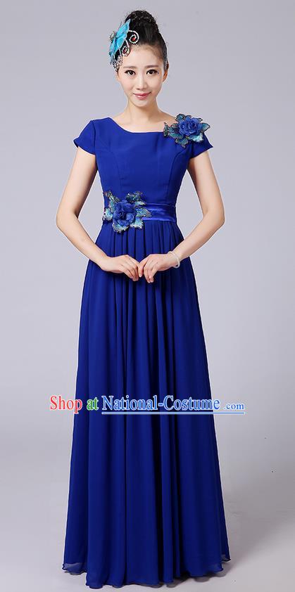 Traditional Chinese Modern Dancing Compere Costume, Women Opening Classic Chorus Singing Group Dance Uniforms, Modern Dance Classic Dance Big Swing Long Blue Full Dress for Women