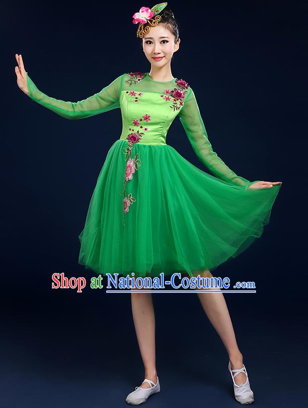 Traditional Chinese Modern Dancing Compere Costume, Women Opening Classic Chorus Singing Group Dance Bubble Uniforms, Modern Dance Classic Dance Big Swing Green Short Dress for Women