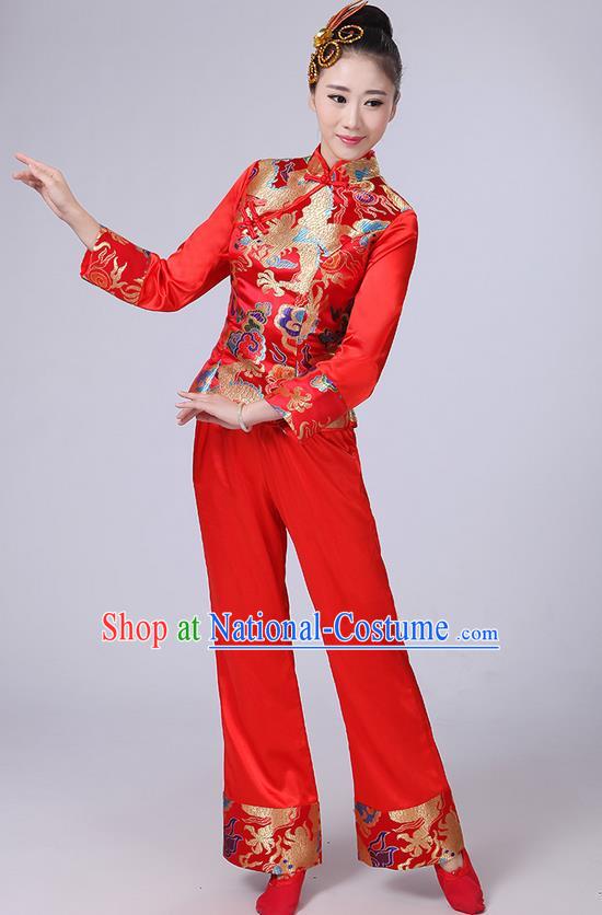 Traditional Chinese Yangge Fan Dancing Costume, Folk Dance Yangko Satin Dragon Uniforms, Classic Umbrella Dance Elegant Dress Drum Dance Red Clothing for Women