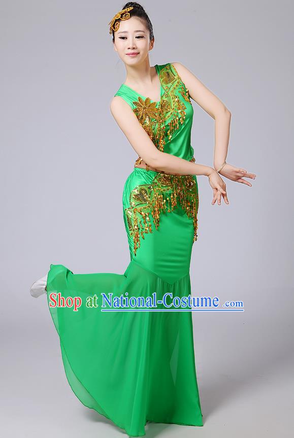 Traditional Chinese Dai Nationality Peacock Dancing Costume, Folk Dance Ethnic Paillette Tassel Fishtail Dress Palace Princess Uniform, Chinese Minority Nationality Dancing Green Clothing for Women