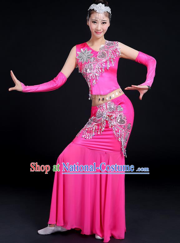 Traditional Chinese Dai Nationality Peacock Dancing Costume, Folk Dance Ethnic Paillette Tassel Fishtail Dress Palace Princess Uniform, Chinese Minority Nationality Dancing Pink Clothing for Women