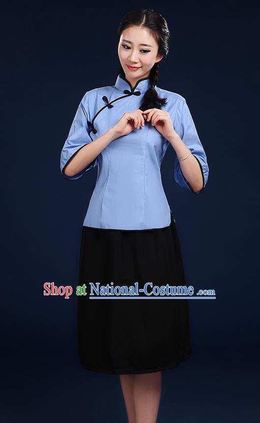 Traditional Chinese Style Modern Dancing Compere Costume, Women Chorus Singing Group Opening Classic Dance Republic of China Students Blue Uniforms, Modern Dance Cheongsam Blouse Dress for Women