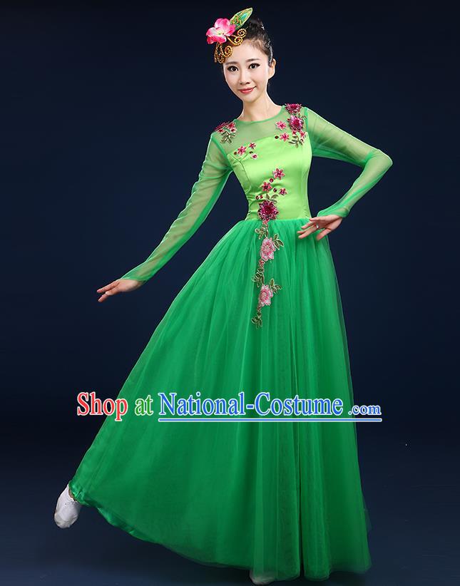 Traditional Chinese Modern Dancing Compere Costume, Women Opening Classic Chorus Singing Group Dance Bubble Uniforms, Modern Dance Classic Dance Big Swing Green Dress for Women