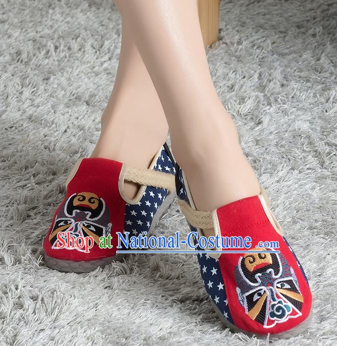 Traditional Chinese Shoes, China Handmade Linen Embroidered Beijing Opera Facial Masks Red Shoes, Ancient Princess Cloth Shoes for Women