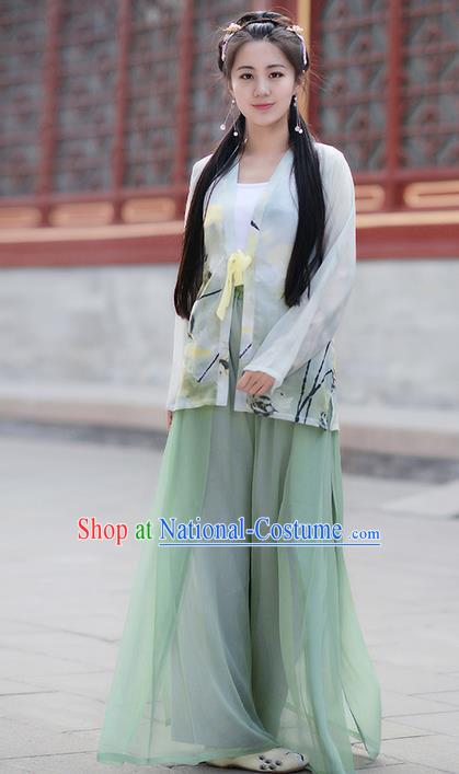 Traditional Ancient Chinese Young Lady Costume BeiZi Cardigan and Green Song Pants Complete Set , Elegant Hanfu Clothing Chinese Song Dynasty Imperial Princess Clothing for Women