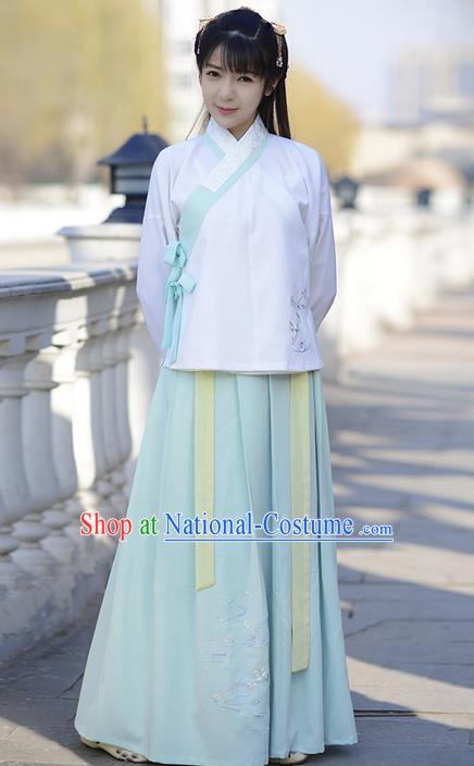 Traditional Ancient Chinese Young Lady Elegant Costume Embroidered Lotus Slant Opening Blouse and Slip Skirt Complete Set , Elegant Hanfu Clothing Chinese Jin Dynasty Imperial Princess Clothing for Women