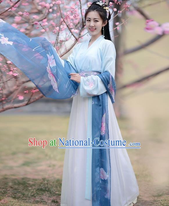 Traditional Ancient Chinese Young Lady Costume Embroidered Butterflies Slant Opening Blouse and Skirt Complete Set , Elegant Hanfu Clothing Chinese Song Dynasty Imperial Princess Clothing for Women