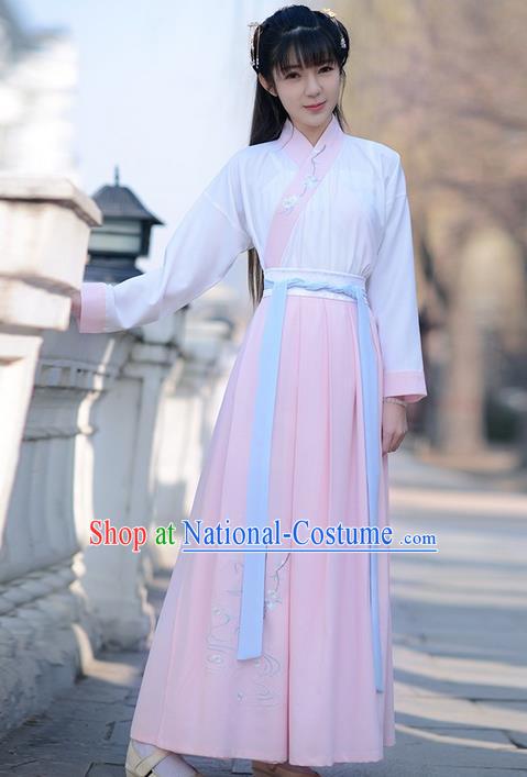 Traditional Ancient Chinese Young Lady Elegant Costume Embroidered Lotus Slant Opening Blouse and Pink Slip Skirt Complete Set , Elegant Hanfu Clothing Chinese Jin Dynasty Imperial Princess Clothing for Women