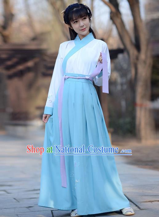 Traditional Ancient Chinese Young Lady Elegant Costume Embroidered Slant Opening Blouse and Blue Slip Skirt Complete Set , Elegant Hanfu Clothing Chinese Jin Dynasty Imperial Princess Clothing for Women