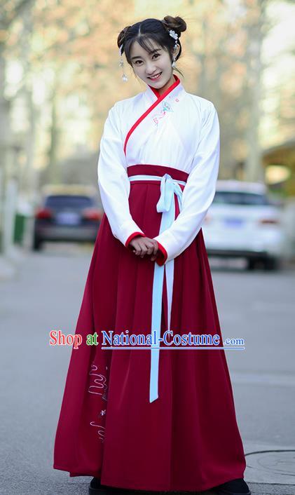 Traditional Ancient Chinese Young Lady Costume Embroidered Blouse and Red Slip Skirt Complete Set , Elegant Hanfu Suits Clothing Chinese Ming Dynasty Imperial Princess Dress Clothing for Women