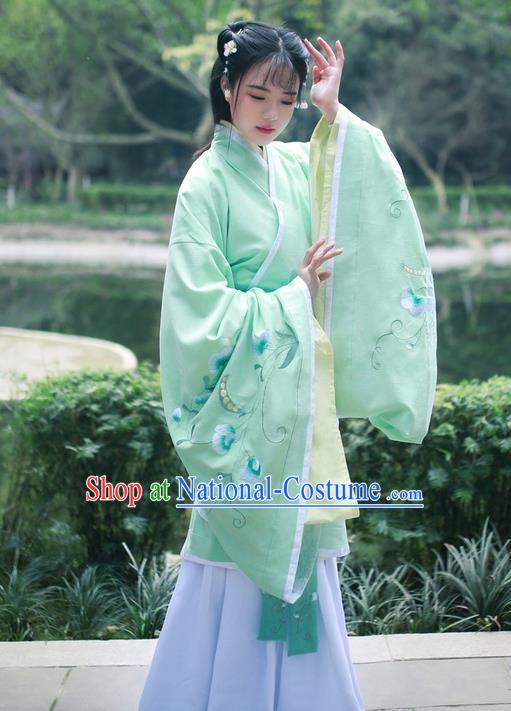 Traditional Ancient Chinese Young Lady Costume Embroidered Song Fringing and Belt, Elegant Hanfu Curving-Front Unlined Garment Dress Chinese Ming Dynasty Imperial Princess Dress Clothing for Women