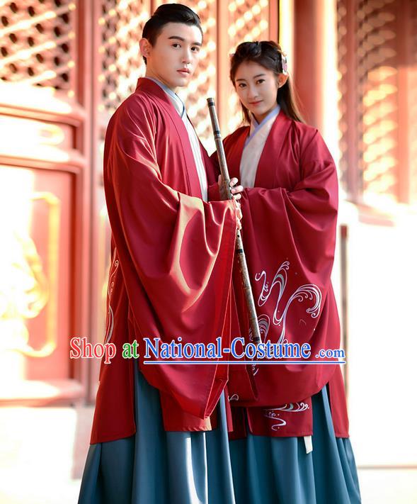 Traditional Chinese Ancient Han Dynasty Embroidered Wide Sleeve Cardigan Clothing for Women and Men