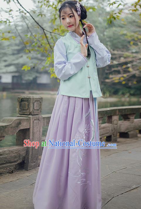 Traditional Ancient Chinese Young Lady Elegant Costume Embroidered Sleeveless Over-dress Slant Opening Blouse and Slip Skirt Complete Set, Elegant Hanfu Clothing Chinese Ming Dynasty Imperial Princess Clothing for Women