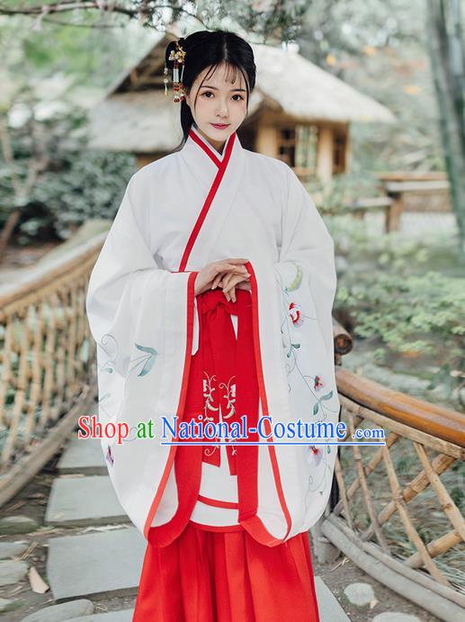 Traditional Ancient Chinese Young Lady Costume Embroidered Song Fringing and Belt, Elegant Hanfu Curving-Front Unlined Garment Dress Chinese Han Dynasty Imperial Princess Dress Clothing for Women