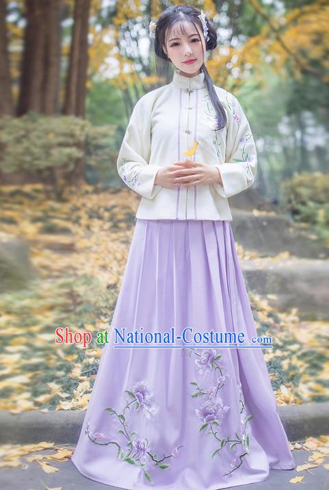 Traditional Ancient Chinese Young Lady Elegant Costume Embroidered Front Opening Blouse and Purple Slip Skirt Complete Set, Elegant Hanfu Clothing Chinese Ming Dynasty Imperial Princess Clothing for Women