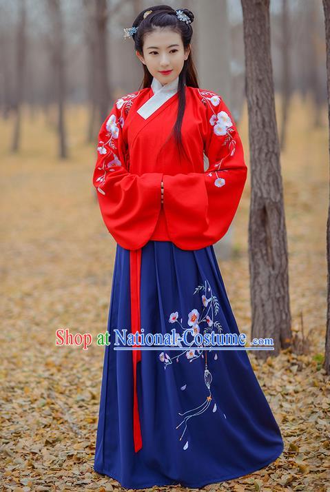 Traditional Ancient Chinese Young Lady Elegant Costume Embroidered Sleeve Pocket Slant Opening Blue Blouse and Slip Skirt Complete Set, Elegant Hanfu Clothing Chinese Ming Dynasty Imperial Princess Clothing for Women