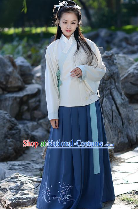 Traditional Ancient Chinese Young Lady Elegant Costume Embroidered Slant Opening Blouse and Deep Blue Slip Skirt Complete Set, Elegant Hanfu Clothing Chinese Ming Dynasty Imperial Princess Clothing for Women