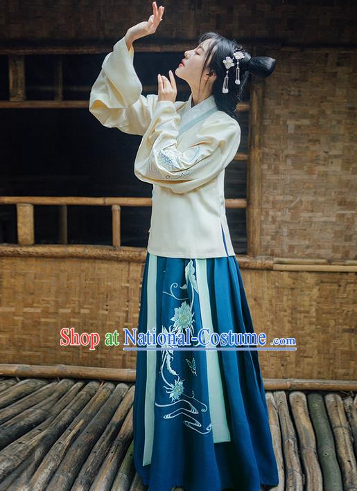 Traditional Ancient Chinese Young Lady Elegant Costume Embroidered Epiphyllum Slant Opening Blouse and Deep Blue Slip Skirt Complete Set, Elegant Hanfu Clothing Chinese Ming Dynasty Imperial Princess Clothing for Women